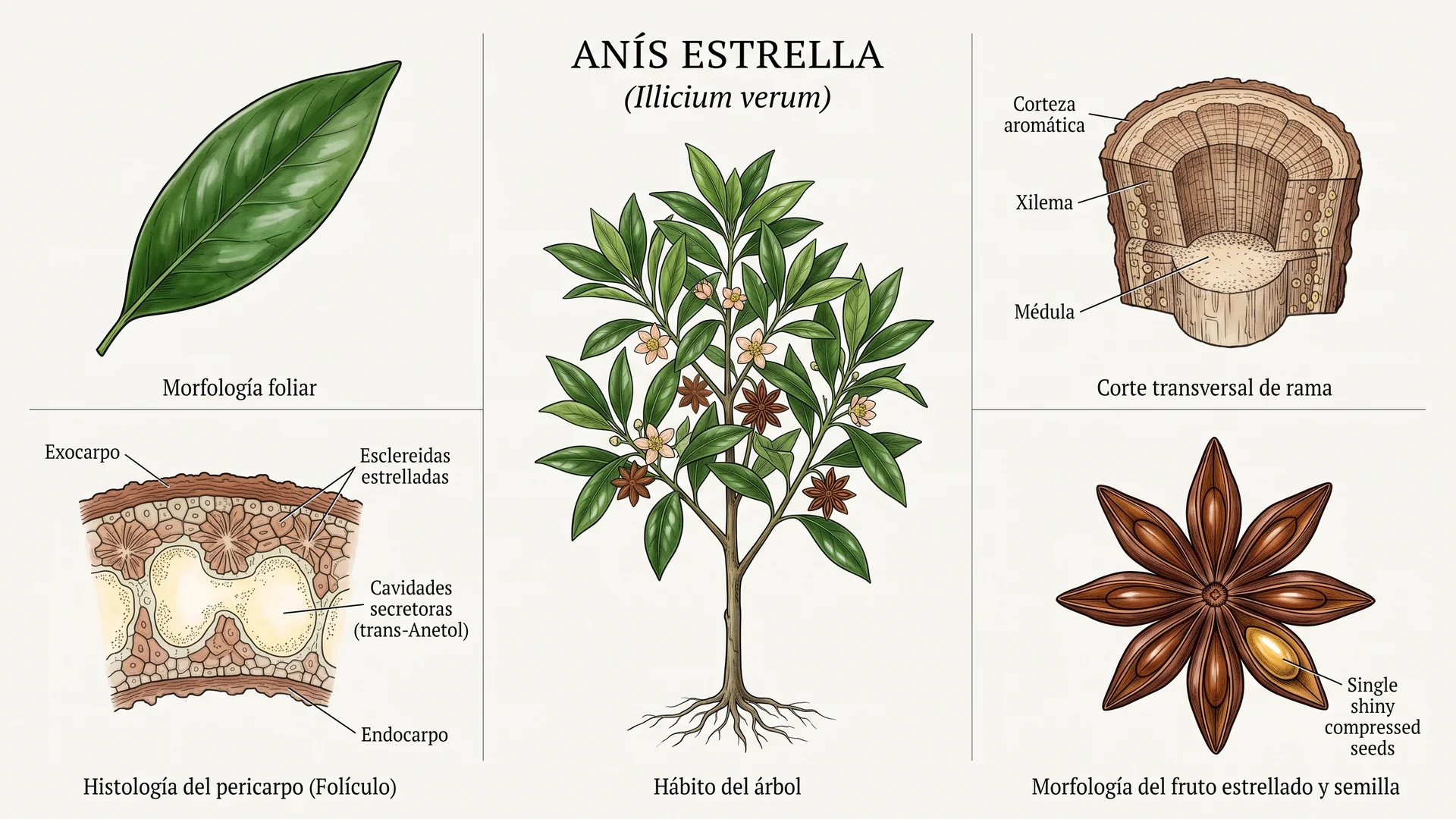 Lámina científica y farmacognóstica de Illicium verum (anís estrella): morfología, histología, hábito, corte transversal y órganos reproductivos.