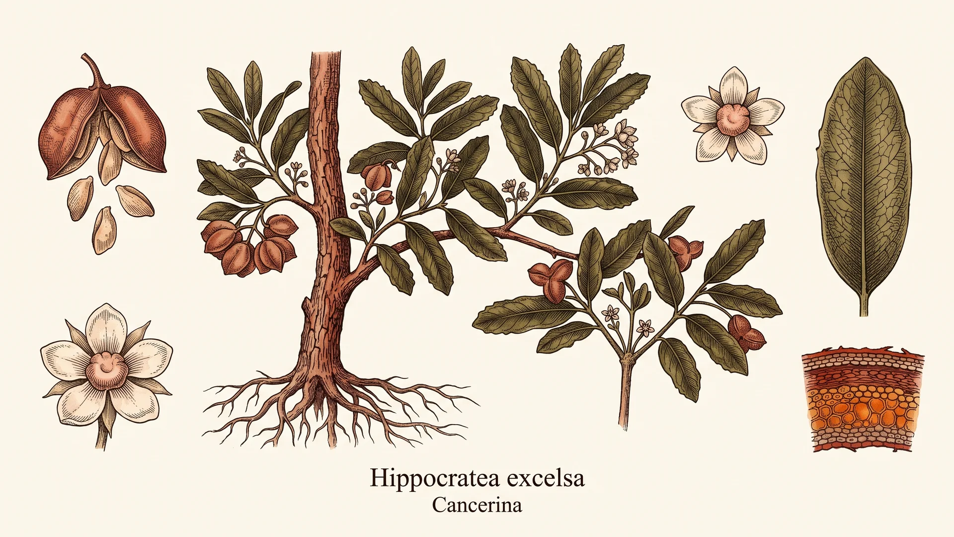 Lámina científica y farmacognóstica de Hippocratea excelsa Kunth (cancerina): morfología, histología, hábito, corte transversal y órganos reproductivos.