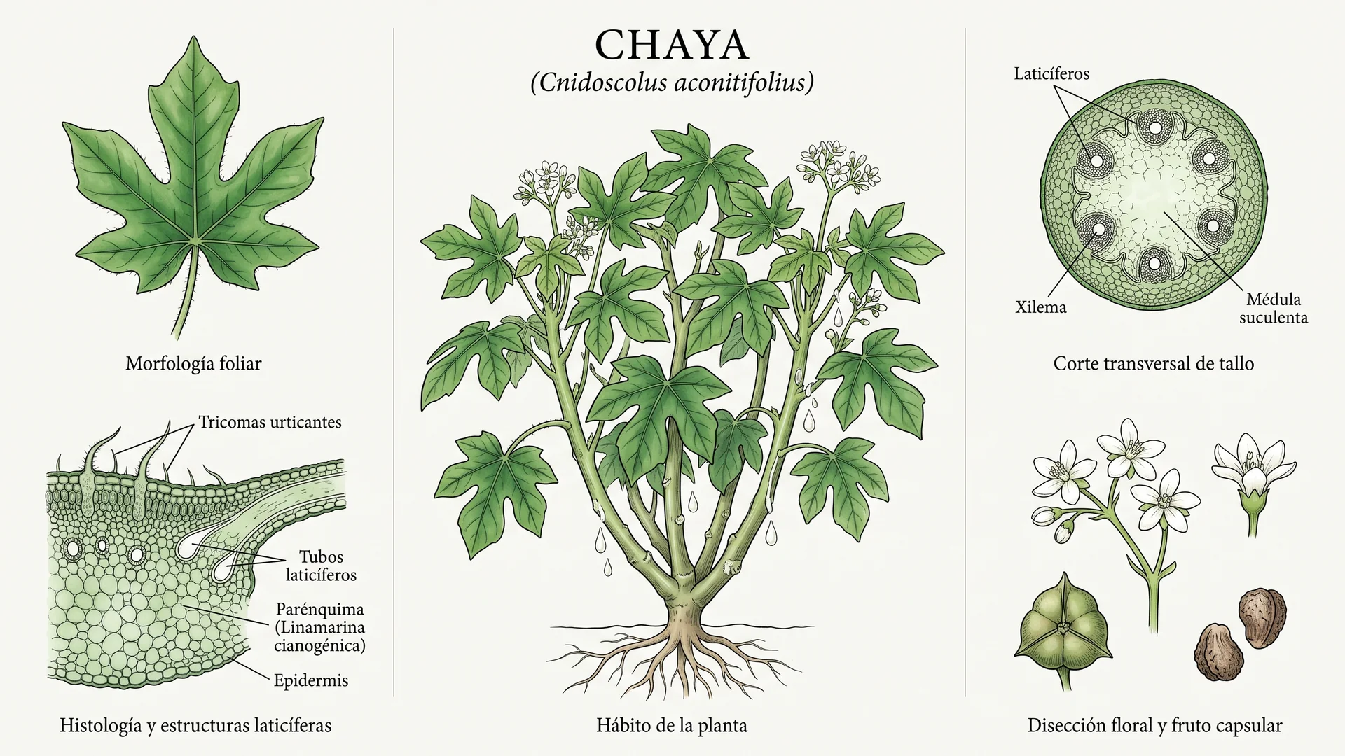 Lámina científica y farmacognóstica de Cnidoscolus aconitifolius (chaya): morfología, histología, hábito, corte transversal y órganos reproductivos.