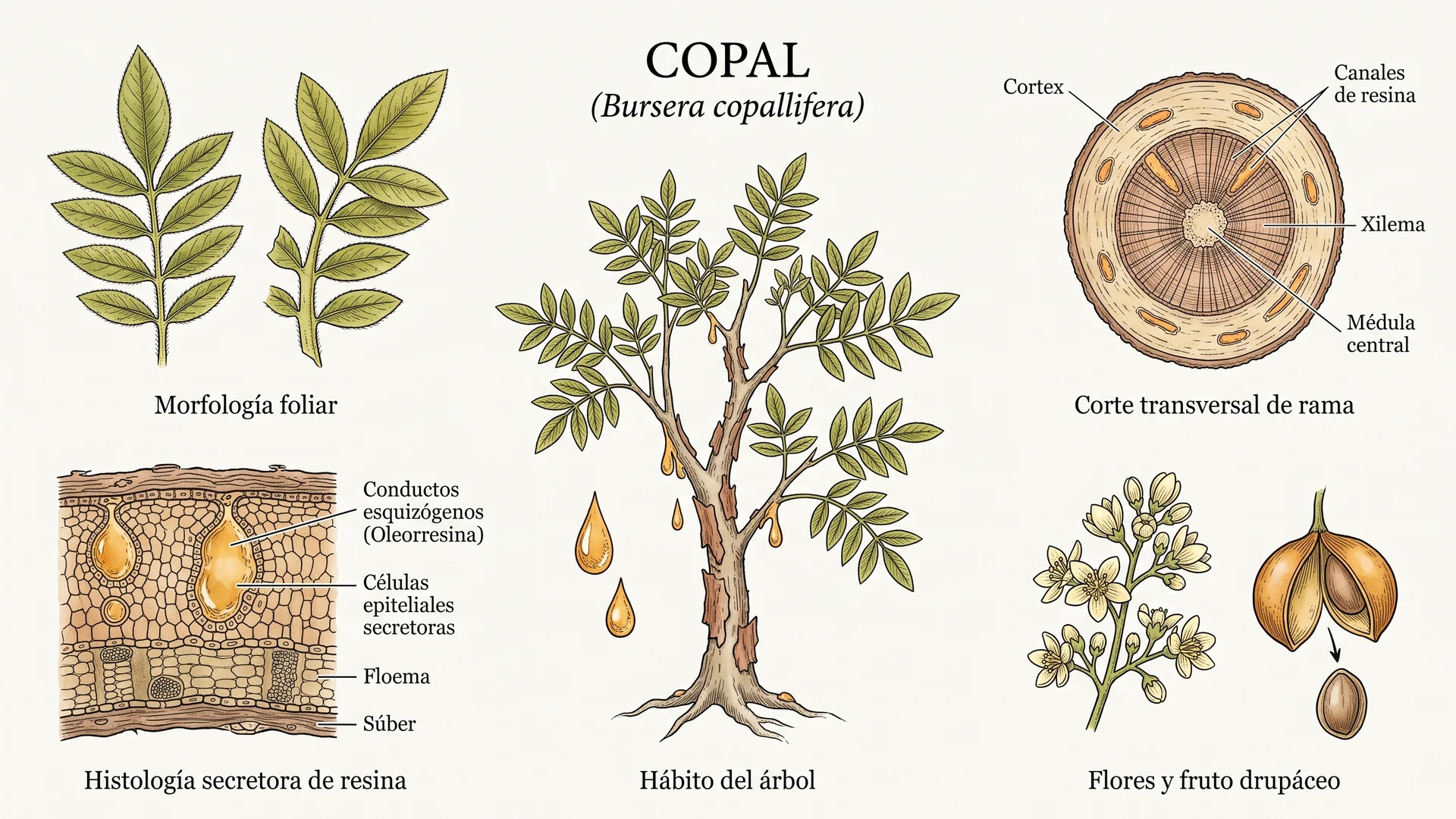 Lámina científica y farmacognóstica de Bursera copallifera (copal): morfología, histología, hábito, corte transversal y órganos reproductivos.
