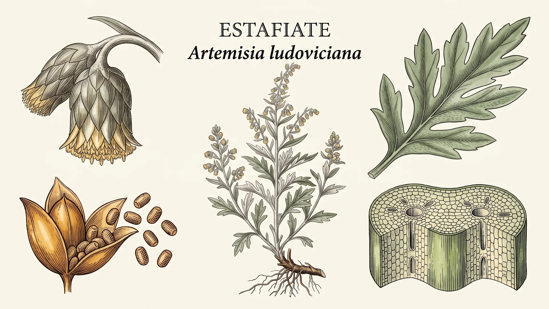 Lámina científica y farmacognóstica de Artemisia ludoviciana Nutt. (estafiate): morfología, histología, hábito, corte transversal y órganos reproductivos.