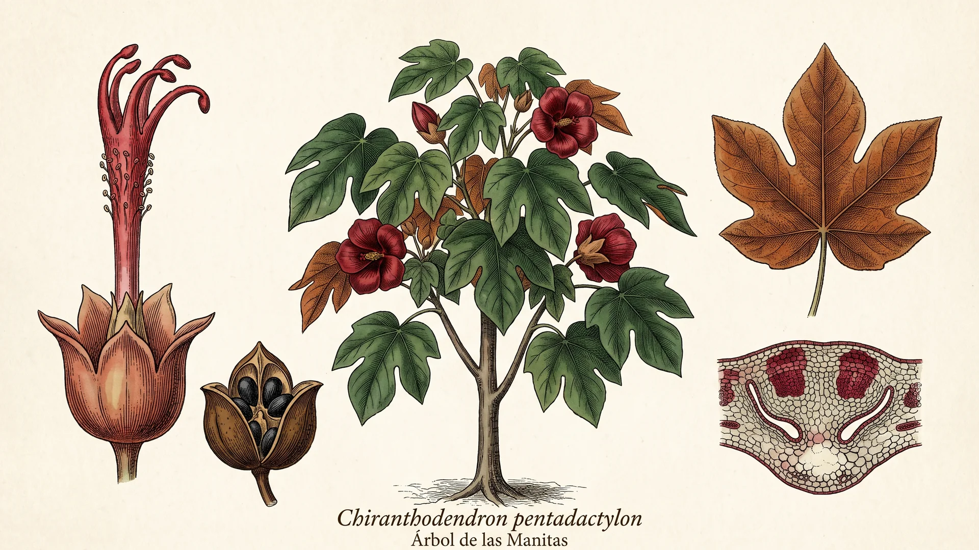 Lámina científica y farmacognóstica de Chiranthodendron pentadactylon Larreat (flor de manita): morfología, histología, hábito, corte transversal y órganos reproductivos.