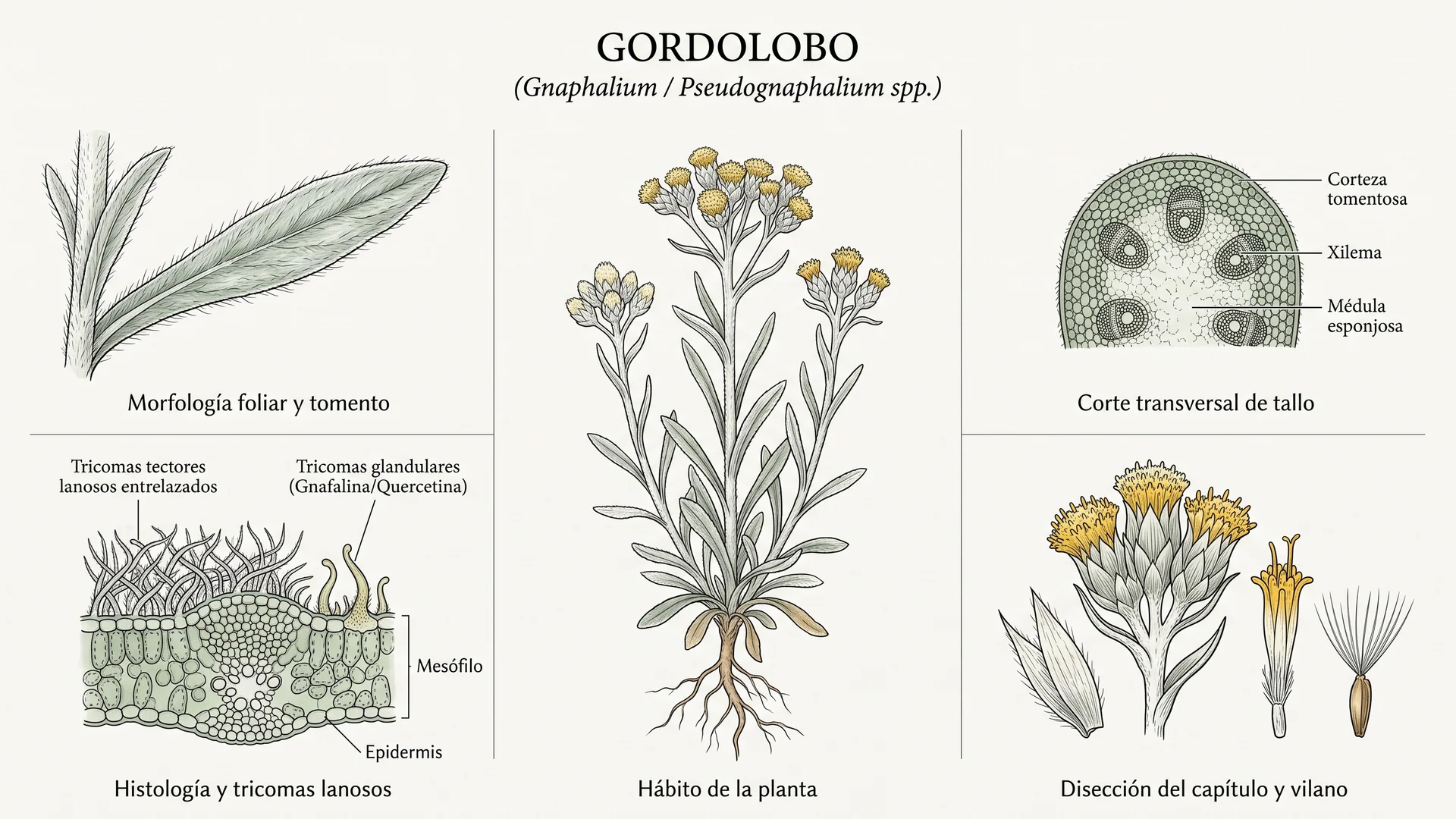 Lámina científica y farmacognóstica de Gnaphalium spp. (gordolobo): morfología, histología, hábito, corte transversal y órganos reproductivos.