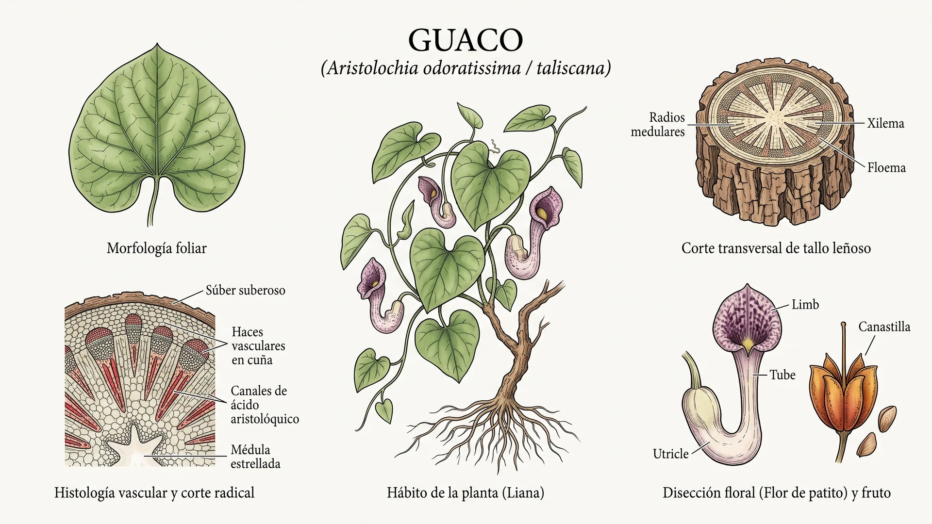 Lámina científica y farmacognóstica de Aristolochia spp. (guaco): morfología, histología, hábito, corte transversal y órganos reproductivos.