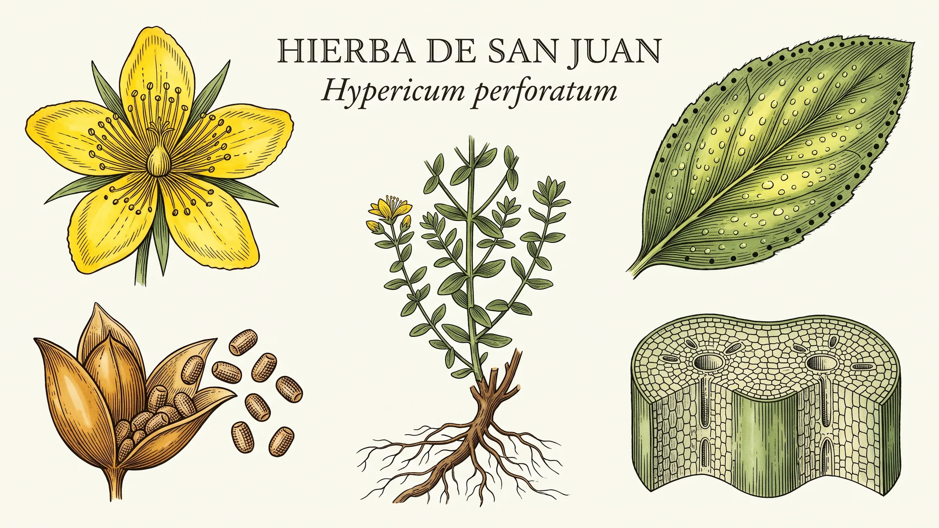 Lámina científica y farmacognóstica de Hypericum perforatum L. (hierba de San Juan): morfología, histología, hábito, corte transversal y órganos reproductivos.