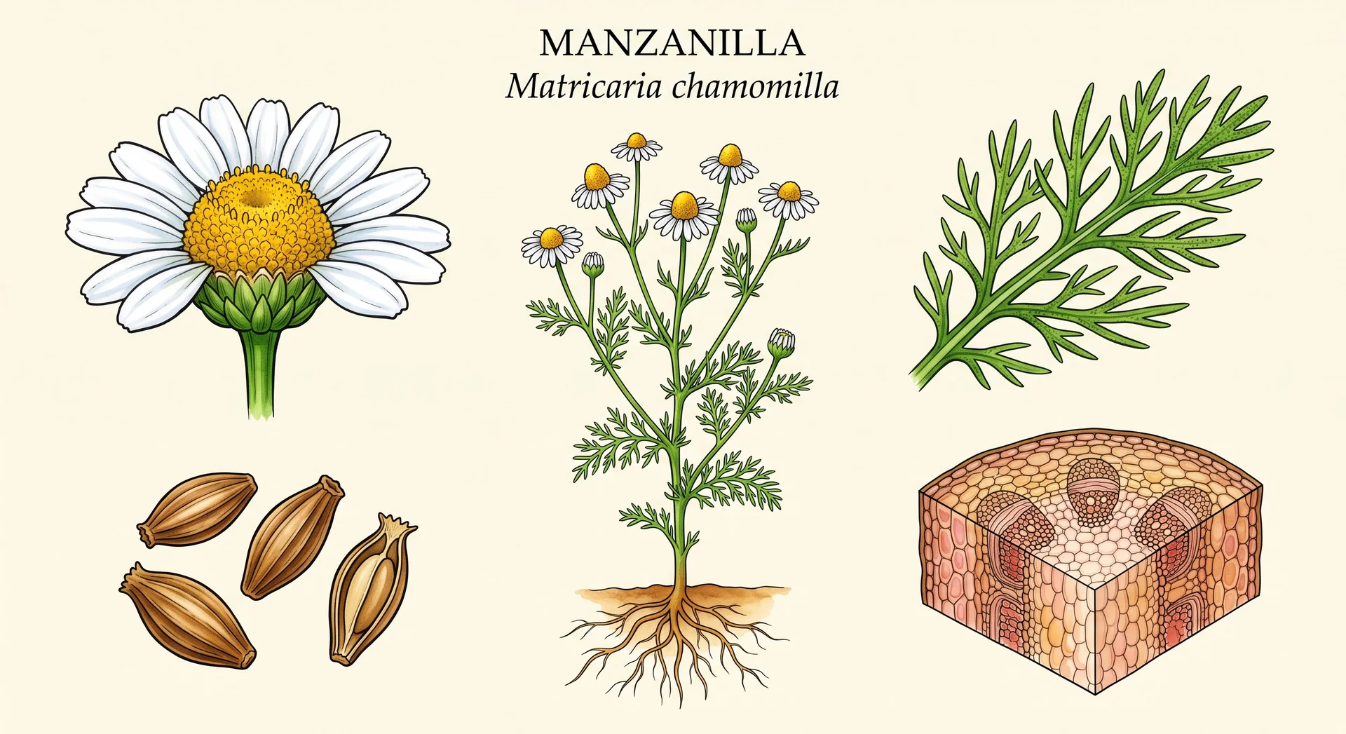 Lámina botánica de Matricaria chamomilla L. (manzanilla): capítulo, hoja bipinnatisecta, hábito con raíz, cipsela e histología de tallo.
