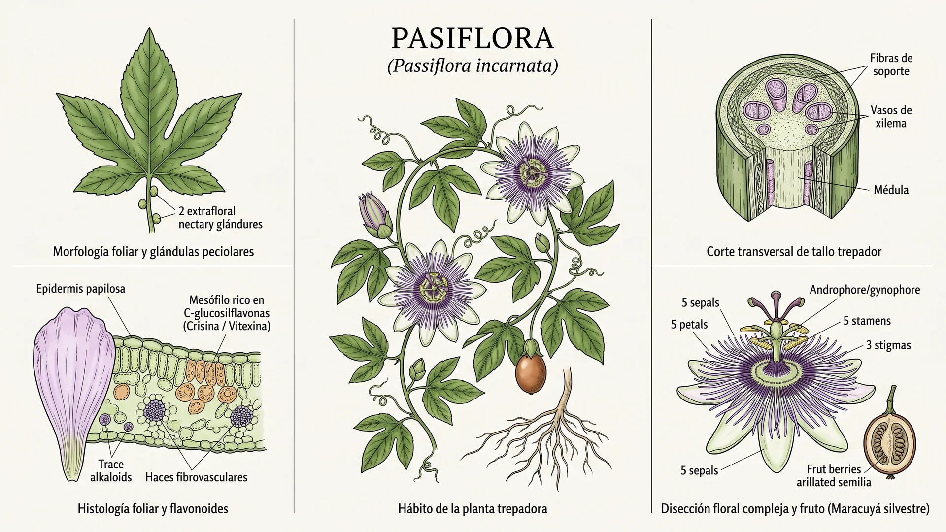 Lámina científica y farmacognóstica de Passiflora incarnata (pasiflora): morfología, histología, hábito, corte transversal y órganos reproductivos.