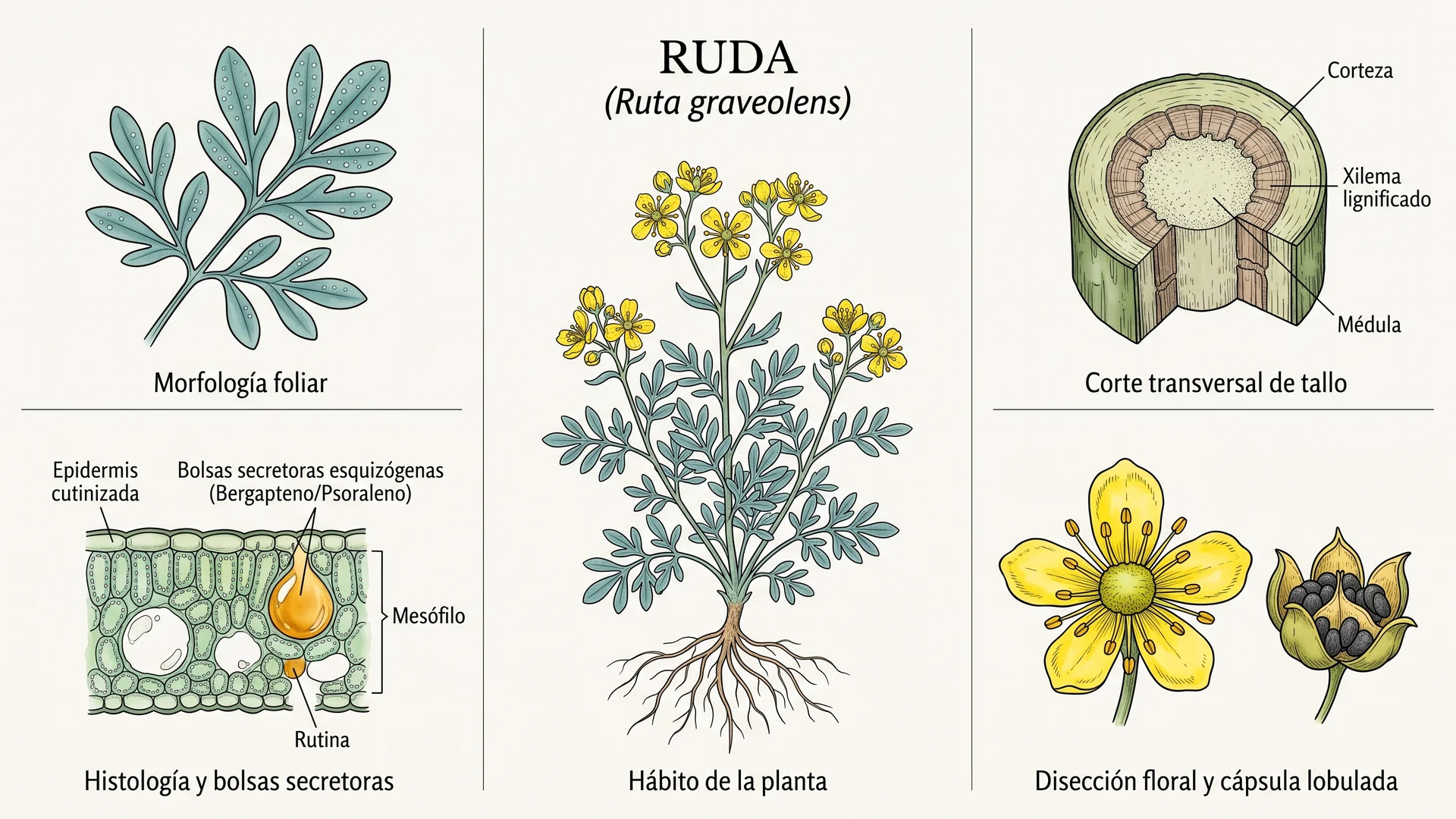 Lámina científica y farmacognóstica de Ruta graveolens (ruda): morfología, histología, hábito, corte transversal y órganos reproductivos.