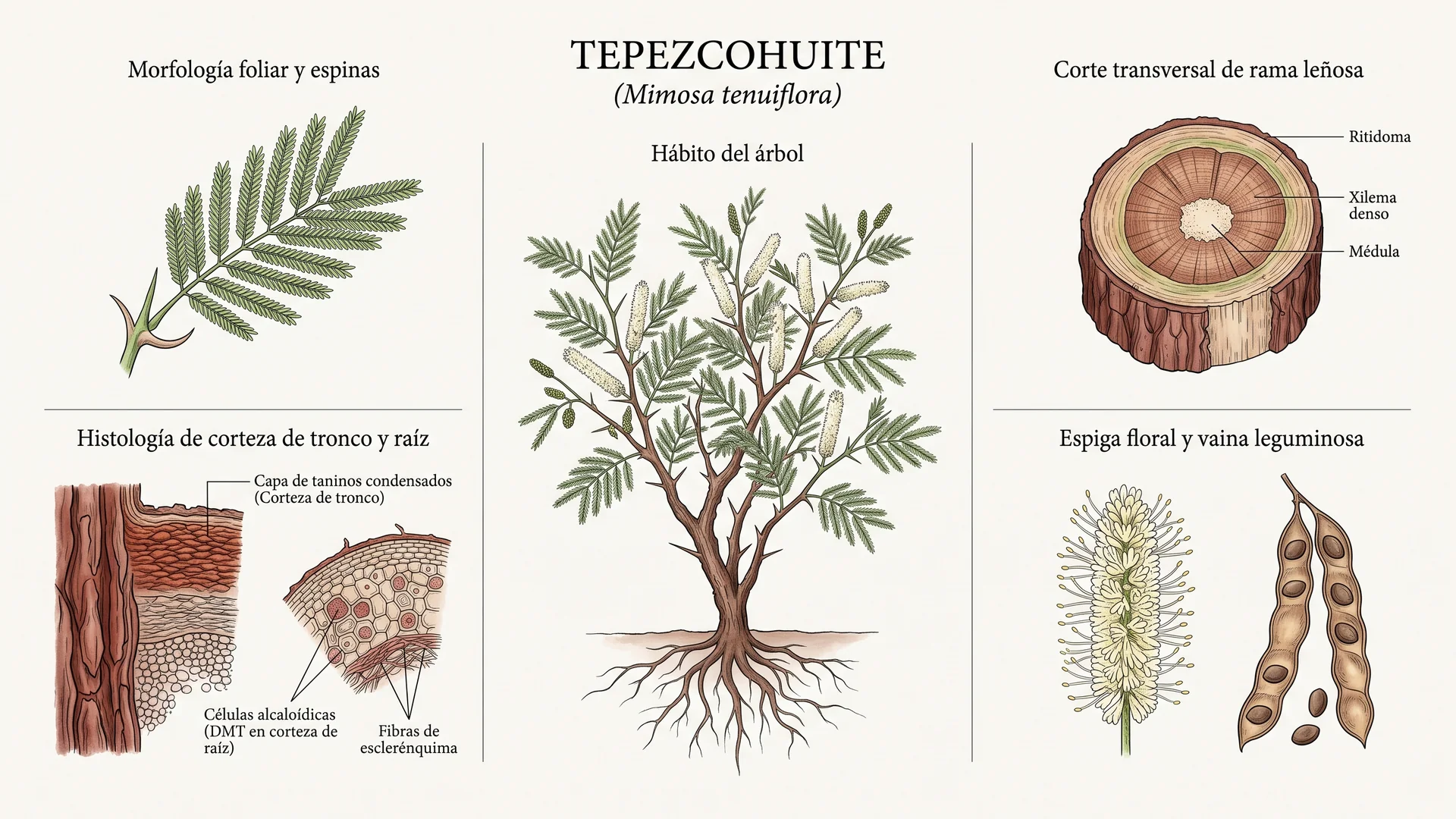 Lámina científica y farmacognóstica de Mimosa tenuiflora (tepezcohuite): morfología, histología, hábito, corte transversal y órganos reproductivos.