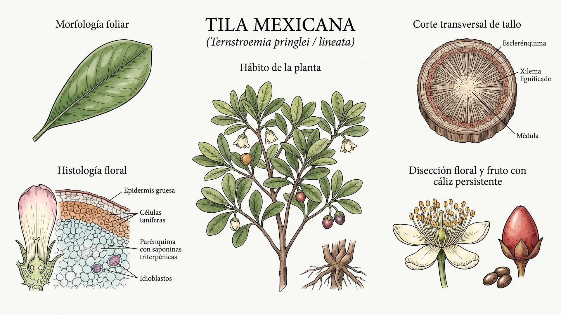 Lámina científica y farmacognóstica de Ternstroemia spp. (tila): morfología, histología, hábito, corte transversal y órganos reproductivos.