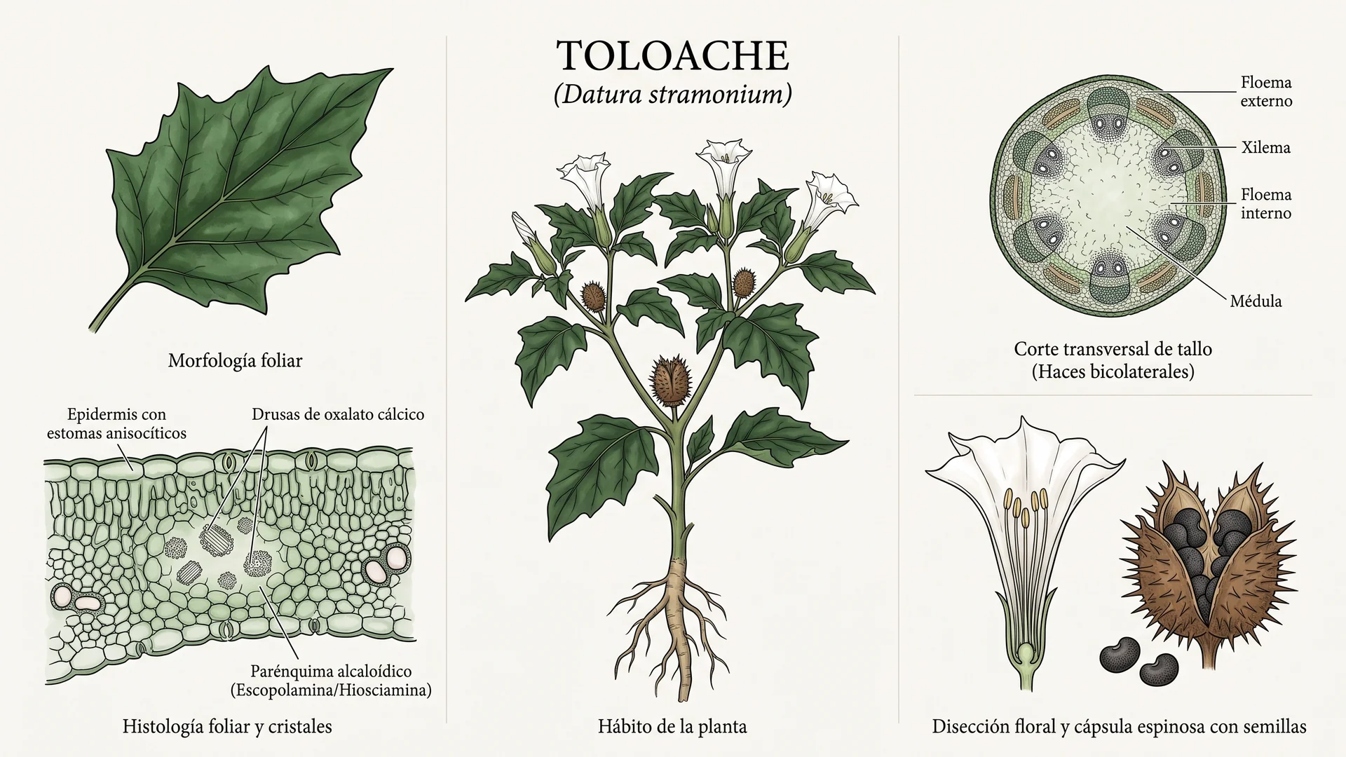 Lámina científica y farmacognóstica de Datura stramonium (toloache): morfología, histología, hábito, corte transversal y órganos reproductivos.