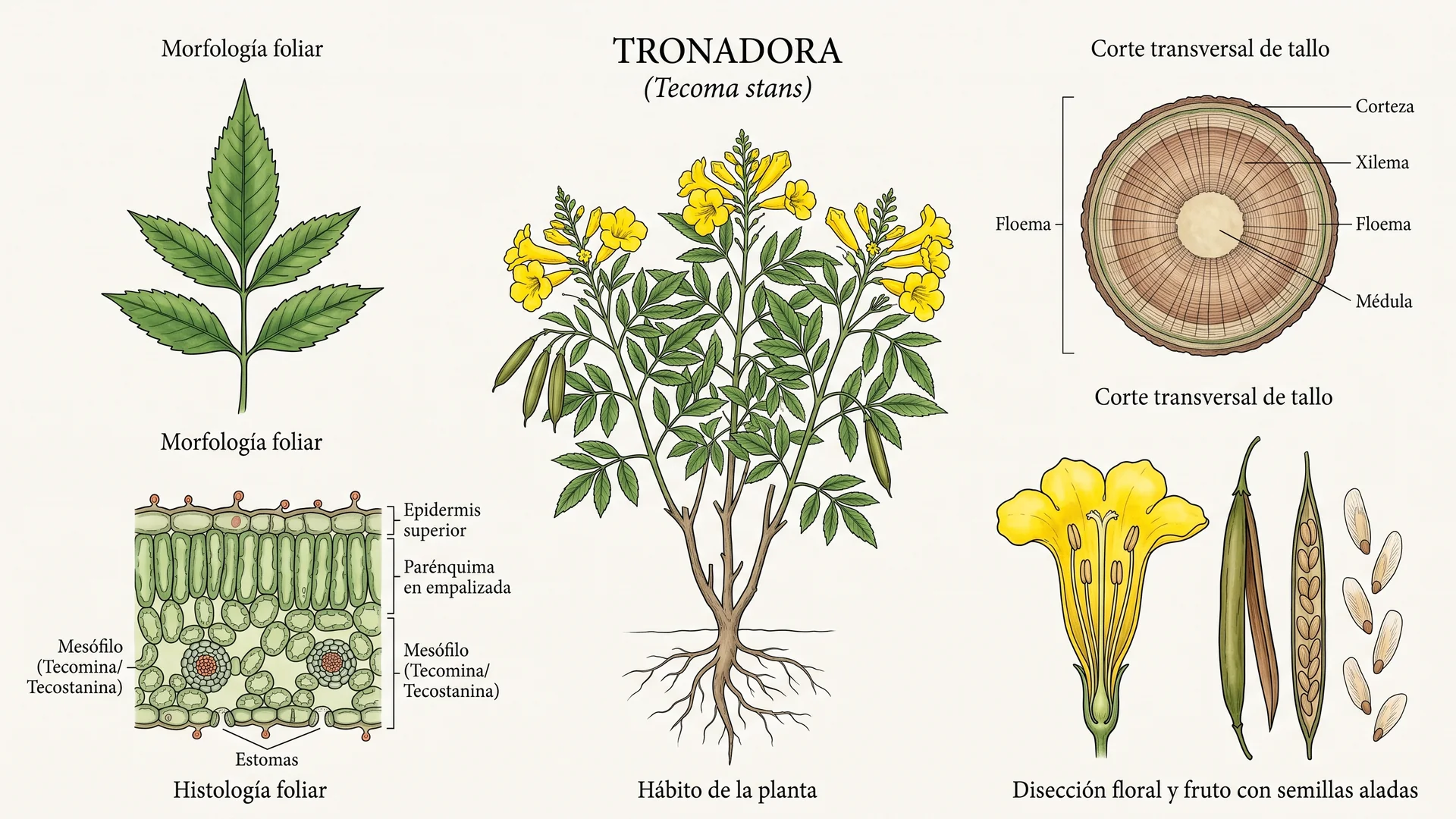 Lámina científica y farmacognóstica de Tecoma stans (tronadora): morfología, histología, hábito, corte transversal y órganos reproductivos.