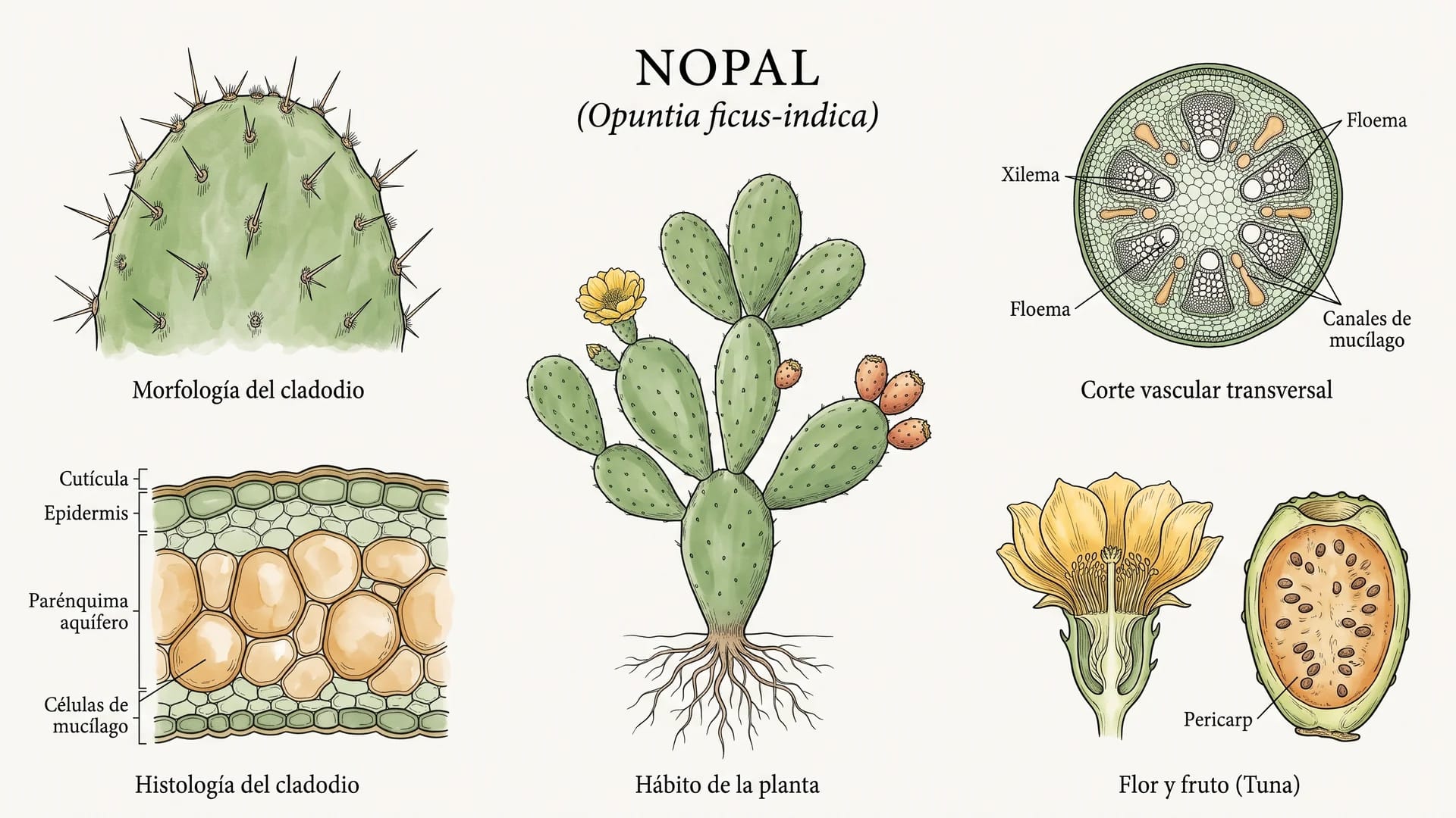 Lámina científica y farmacognóstica de Opuntia ficus-indica (nopal): morfología, histología, hábito, corte transversal y órganos reproductivos.