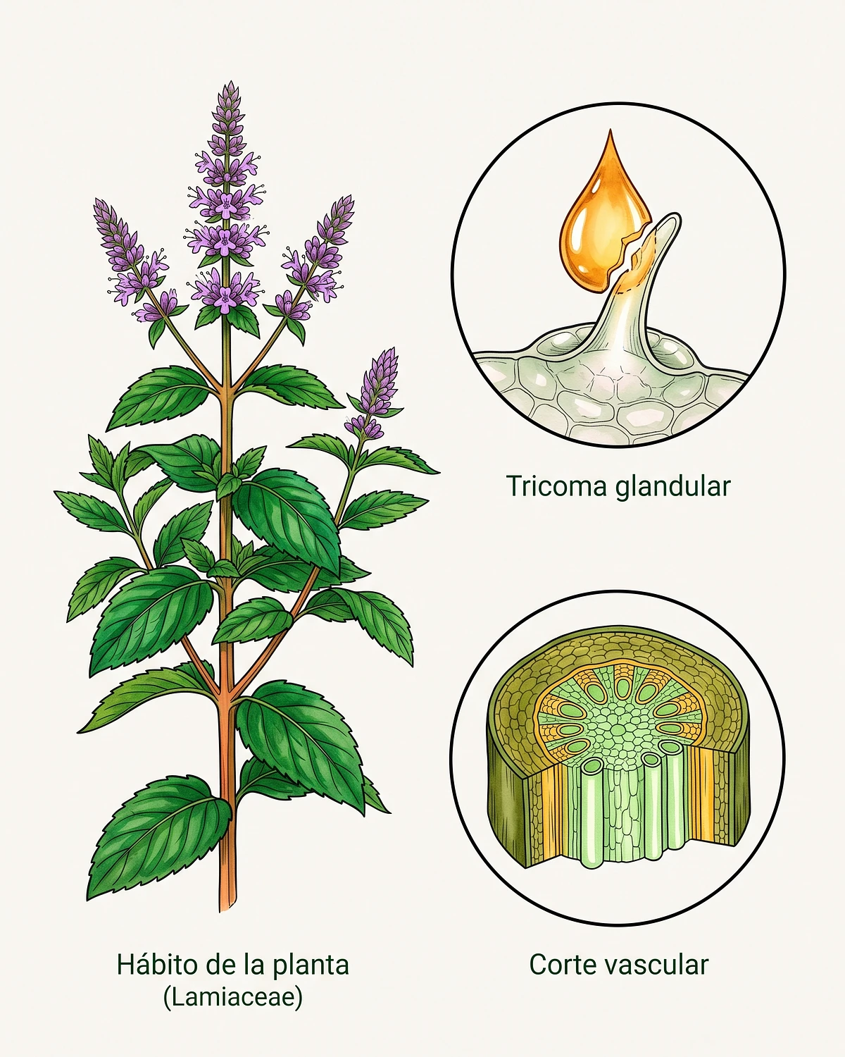 Lámina anatómica: hábito de la planta, tricoma glandular y corte vascular del tallo