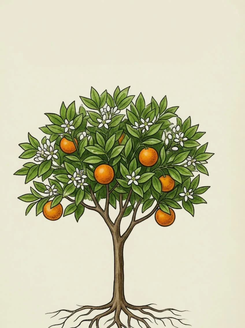 Lámina botánica de hábito de Citrus aurantium L..