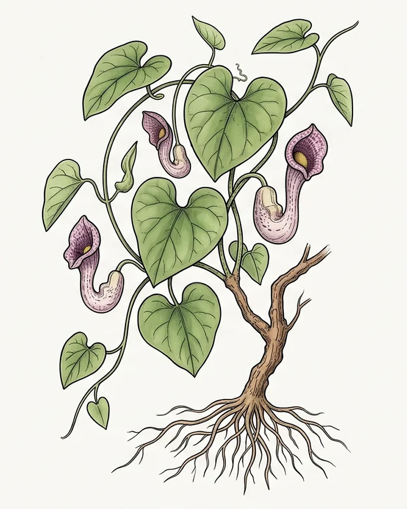 Lámina botánica de hábito de Aristolochia spp..