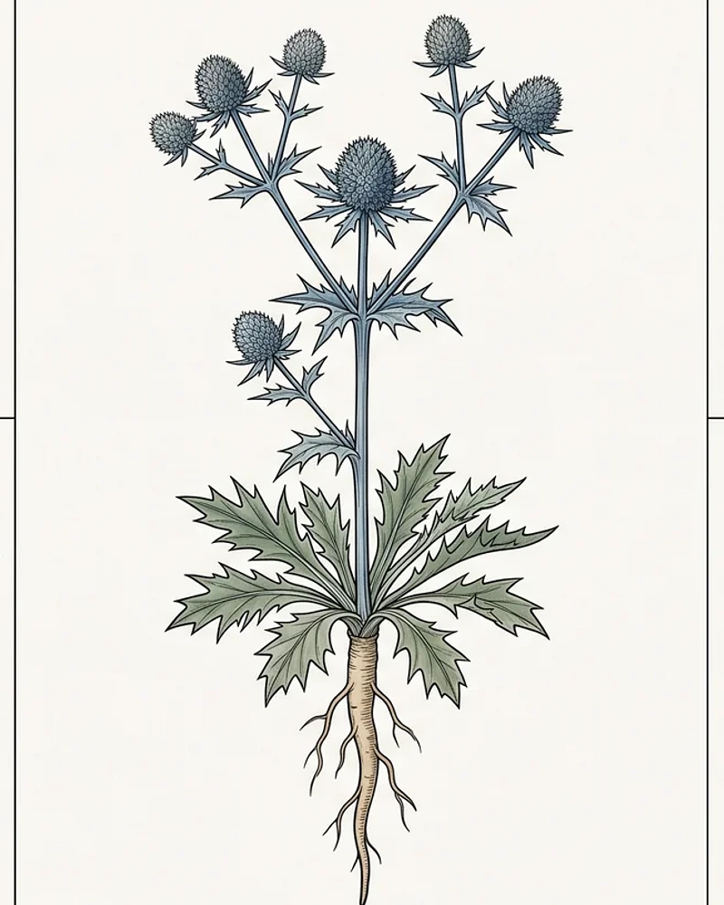 Lámina botánica de hábito de Eryngium heterophyllum.