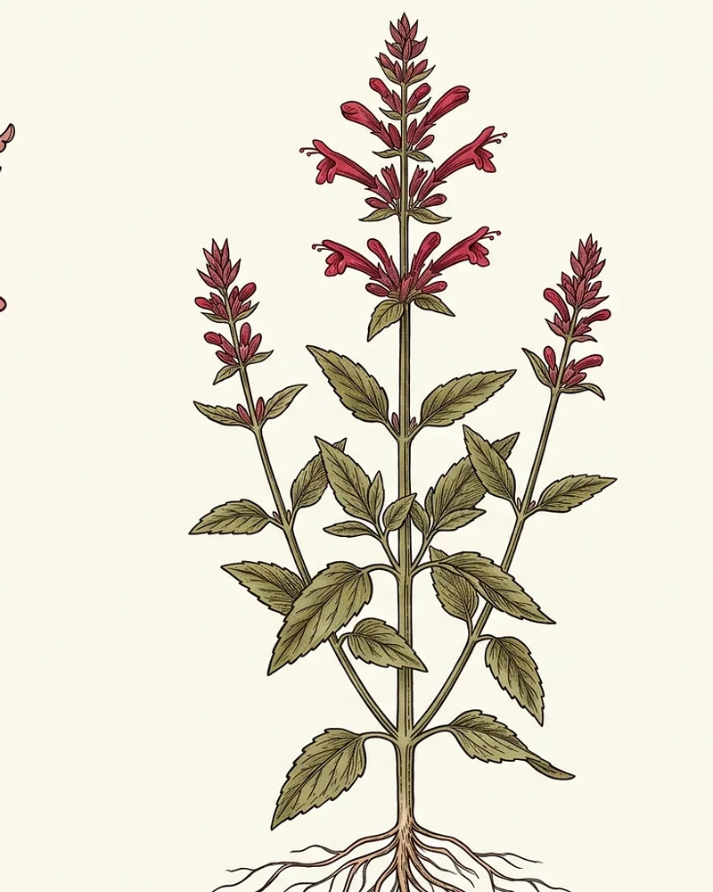 Lámina botánica de hábito de Agastache mexicana.